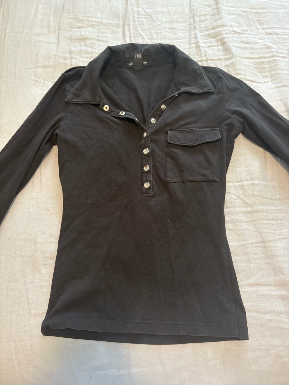 Vintage Club Monaco Washed Black Fitted Long Sleeve Polo Top Snap Clasp Buttons